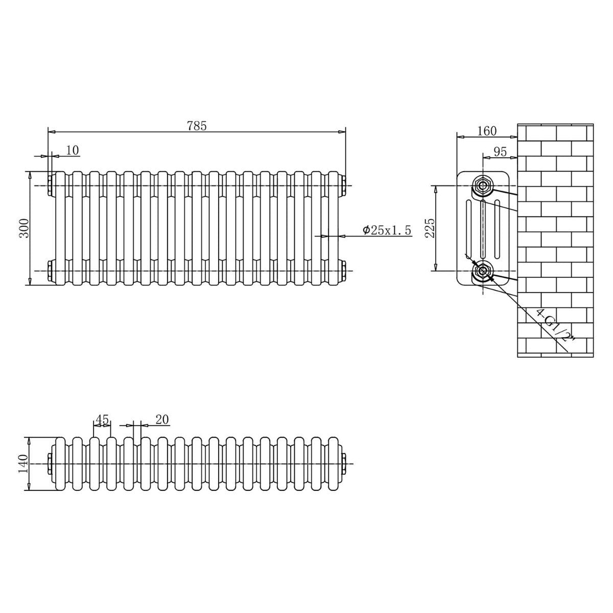 Upton Grey Quadruple Horizontal Column Radiator 300x785mm