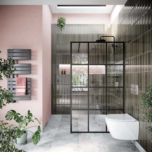 Amien Matt Black Grid Framed Shower Screen 1080mm