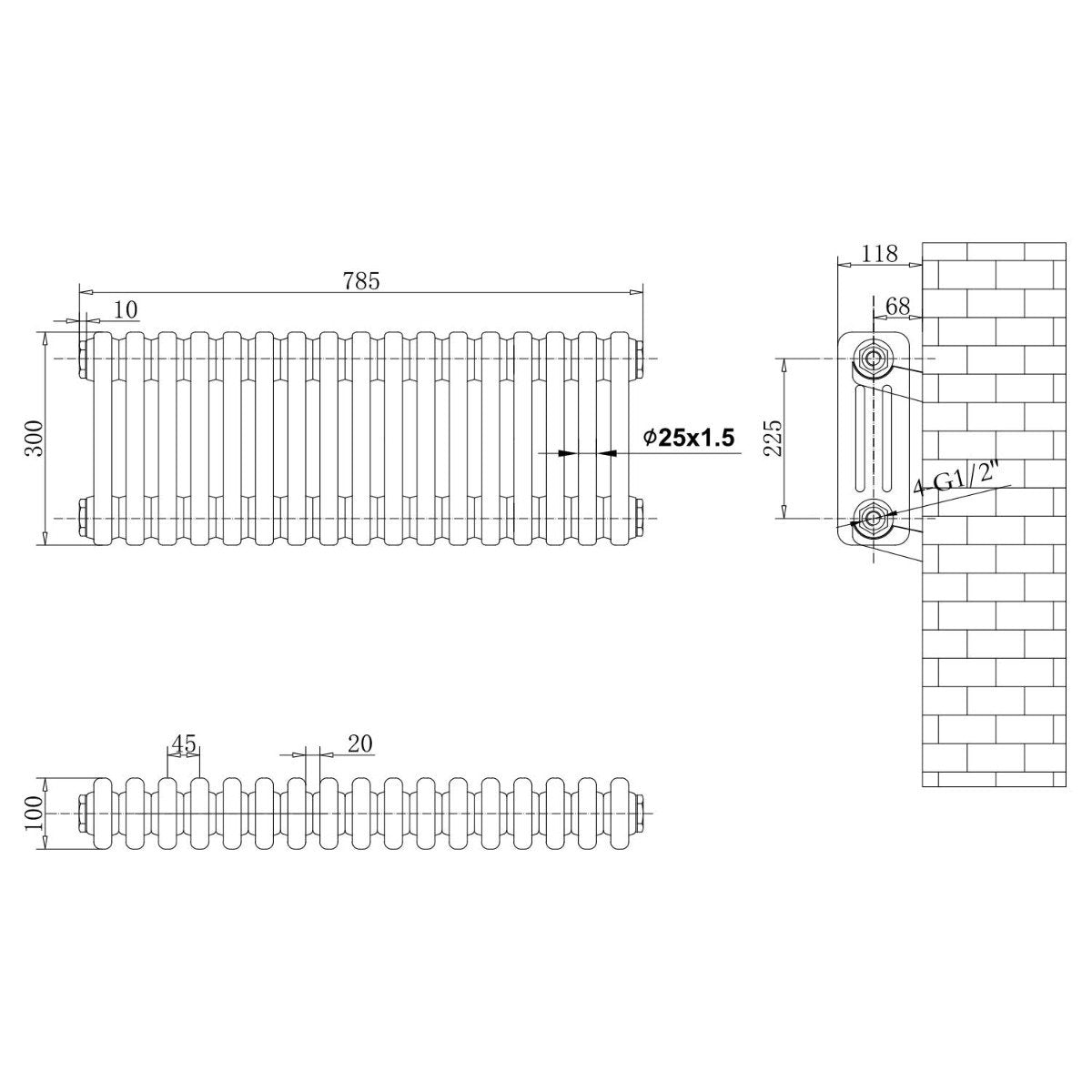 Upton Grey Triple Horizontal Column Radiator 300x785mm