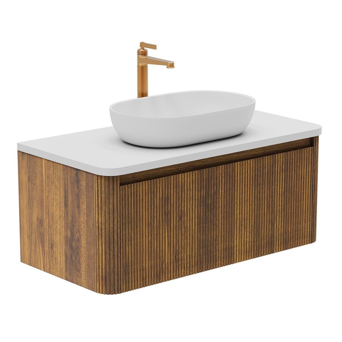Wish Ribbed Wall Hung Vanity Unit in Walnut with White Worktop