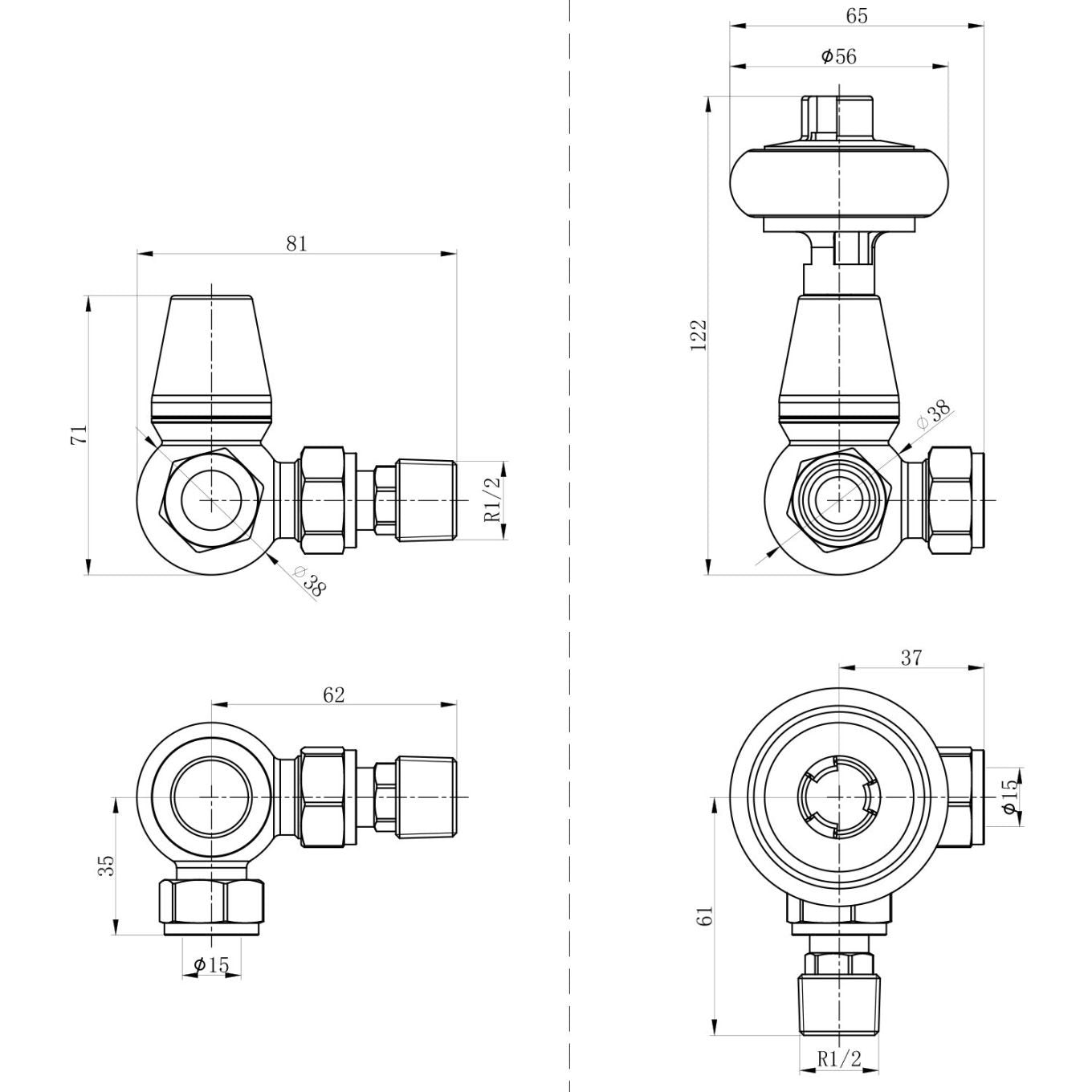 Black Nickel Wooden Head Corner Pair of Radiator Valves