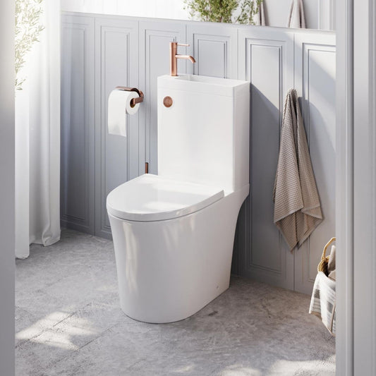Anix Close Coupled Rimless 2-in-1 Combination Toilet & Basin with Bronze Push Button