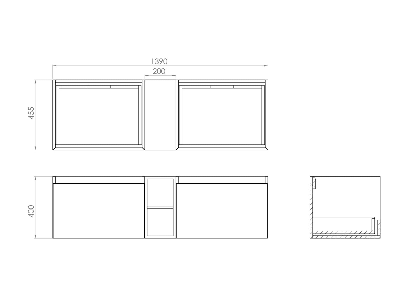 Saneux UNI 140cm Kit  - 2 x 60cm 1 Drawer wall mounted unit, 20cm Spacer & 140cm Countertop - English Oak