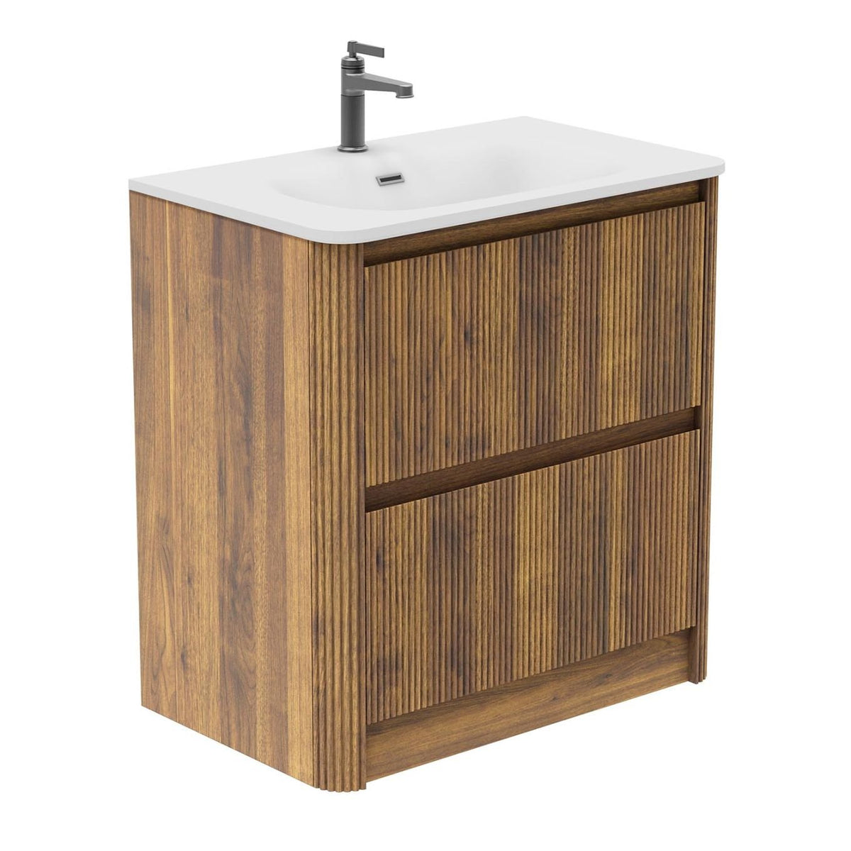 Wish Ribbed Floor Standing Vanity Unit With Drawers in Walnut with Whi ...