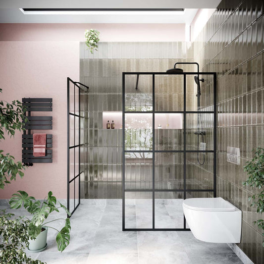 Amien Matt Black Grid Framed Shower Screen 1180mm