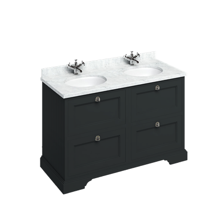 Freestanding 130 Unit with Carrara White Worktop, Drawers & 2 Integrated White Basins