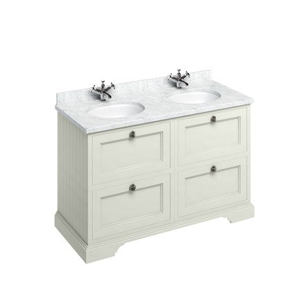 Freestanding 130 Unit with Carrara White Worktop, Drawers & 2 Integrated White Basins