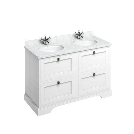 Freestanding 130 Unit with Carrara White Worktop, Drawers & 2 Integrated White Basins