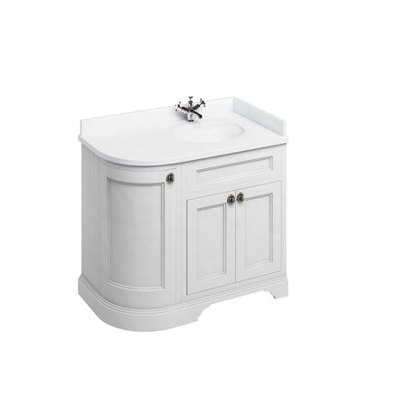 Freestanding 100 RH Curved Corner Unit with White Worktop and Integrated White Basin