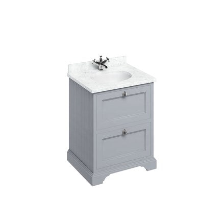 Freestanding 65 Unit with Carrara White Worktop, 2 Drawers and Integrated White Basin