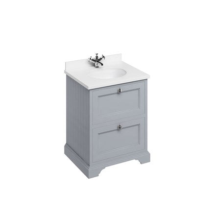 Freestanding 65 Unit with White Worktop, 2 Drawers and Integrated White Basin