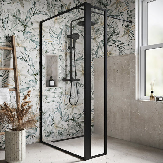 Amien Matt Black Clear Glass Single Frame Return Panel 300mm