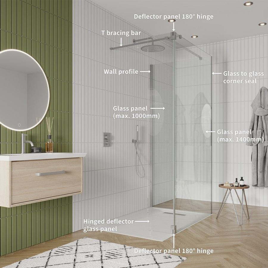 Gallery 10 Glass Corner with Hinged Deflector - Brushed Brass, Brushed Brass