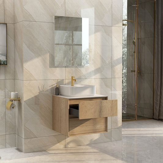 Grace 600mm Two Drawer Wall Mounted Cabinet in Natural Oak