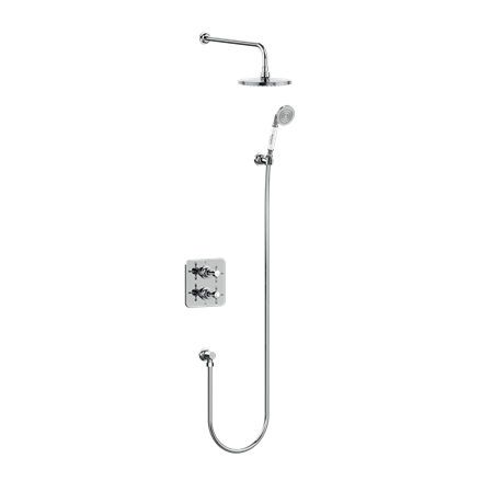 Guild Square Thermostatic Dual Outlet Concealed Diverter Shower Valve, Fixed Shower Arm & Head, Holder & Handset with Hose & Outlet Elbow