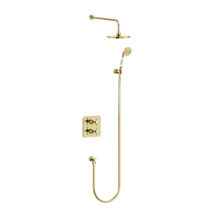 Guild Square Thermostatic Dual Outlet Concealed Diverter Shower Valve, Fixed Shower Arm & Head, Holder & Handset with Hose & Outlet Elbow
