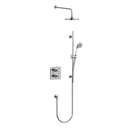 Guild Square Thermostatic Dual Outlet Concealed Diverter Shower Valve Fixed Shower Arm & Head, Rail, Hose, Handset & Outlet Elbow