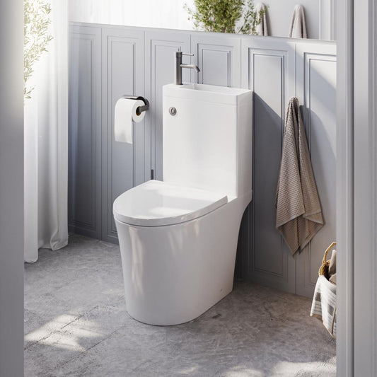 Anix Close Coupled Rimless 2-in-1 Combination Toilet & Basin with Gunmetal Push Button