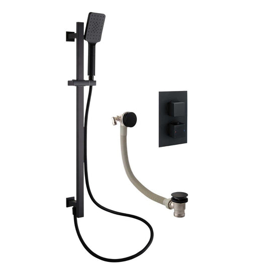 Zena Matt Black Square Double Outlet Valve with Slide Rail Kit and Bath Filler