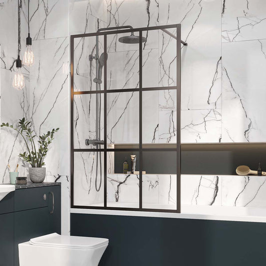 Amien Matt Black Grid Framed Bath Screen 1500x800mm