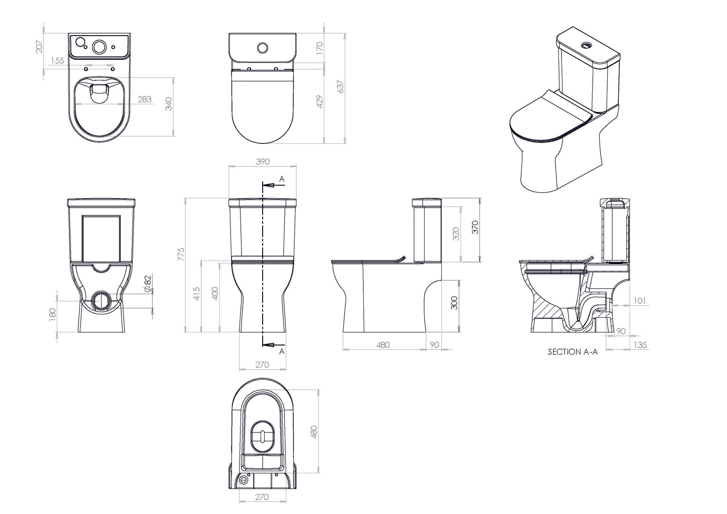 Saneux AIR close coupled open back WC pan - rimless