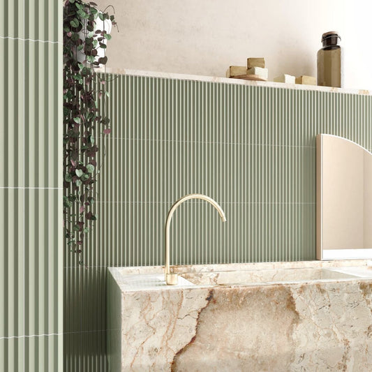Accordion Ribbed Tansy Green Matt Ceramic Brick Tile 200x50mm