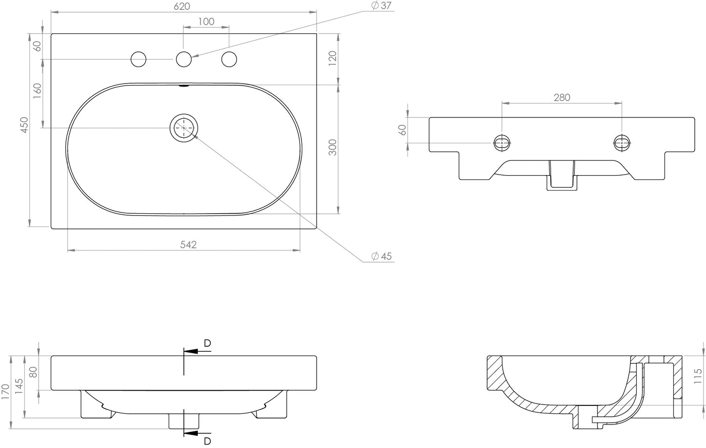 Saneux AUSTEN 62x45cm washbasin 3TH