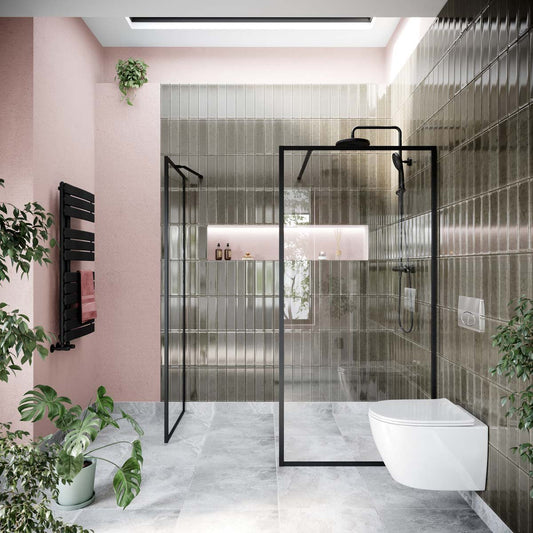 Amien Matt Black Framed Clear Glass Shower Screen 880mm