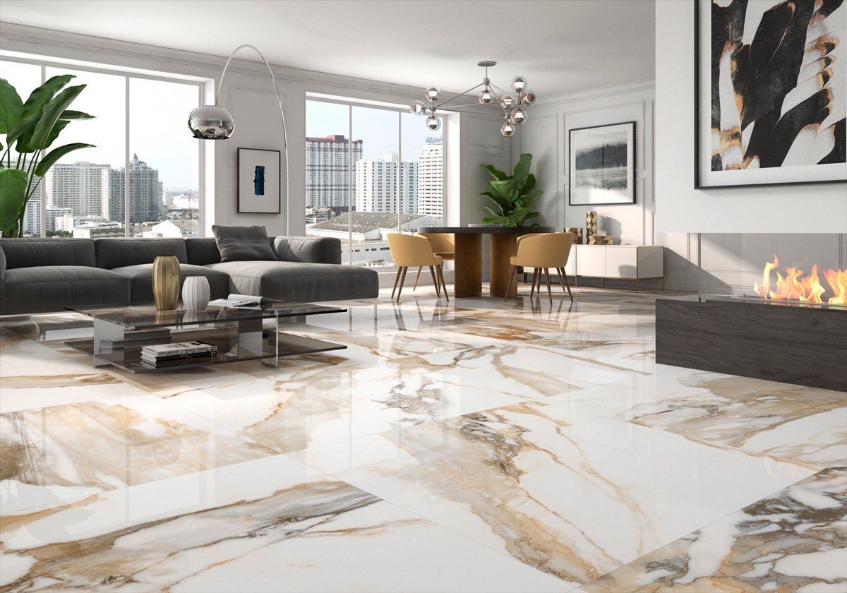 Charlie Beige Marble Gloss Porcelain Tile 1200x1200mm