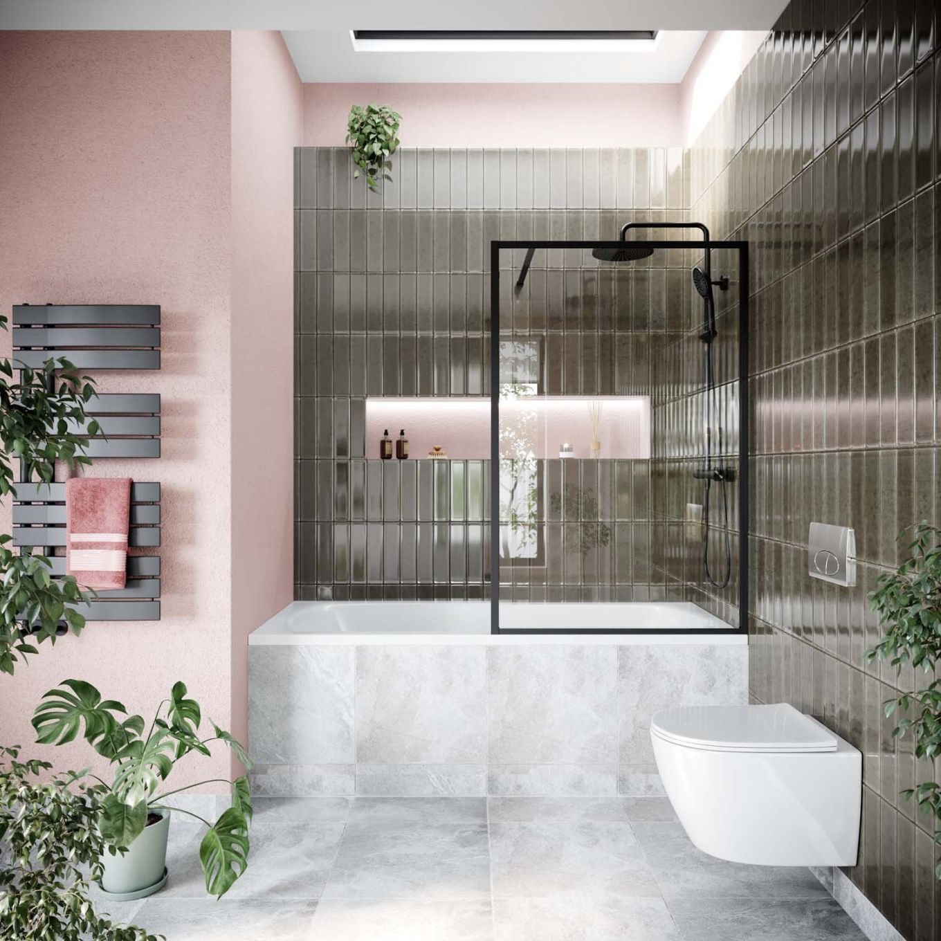 Amien Matt Black Bath Screen - Clear Glass