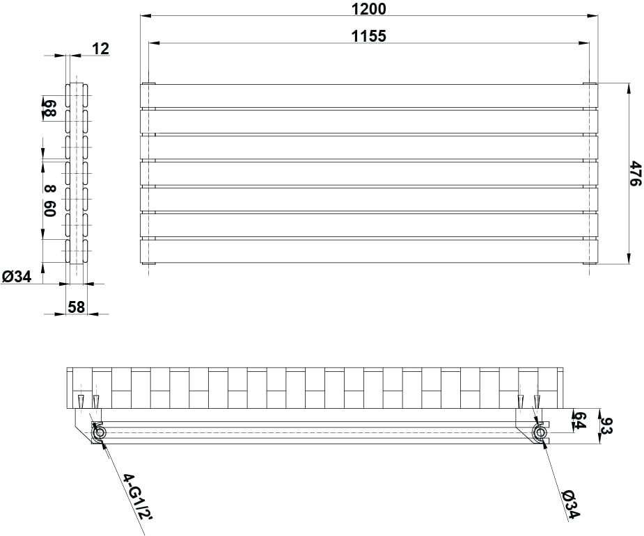 Perth Grey Double Horizontal Flat Panel Radiator 476x1200mm
