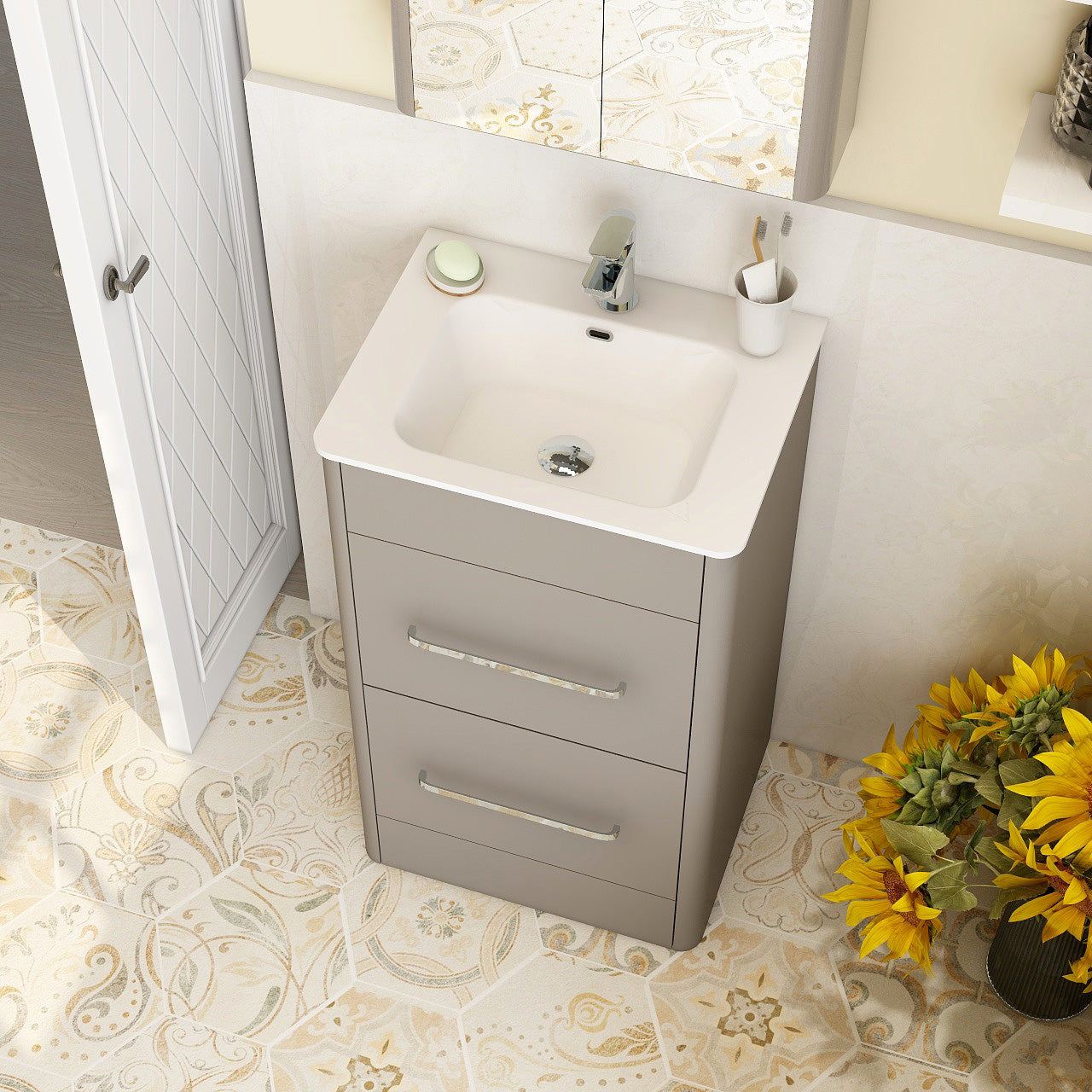 Suburb 500mm × 395mm double drawer floor mounted cabinet matt ash