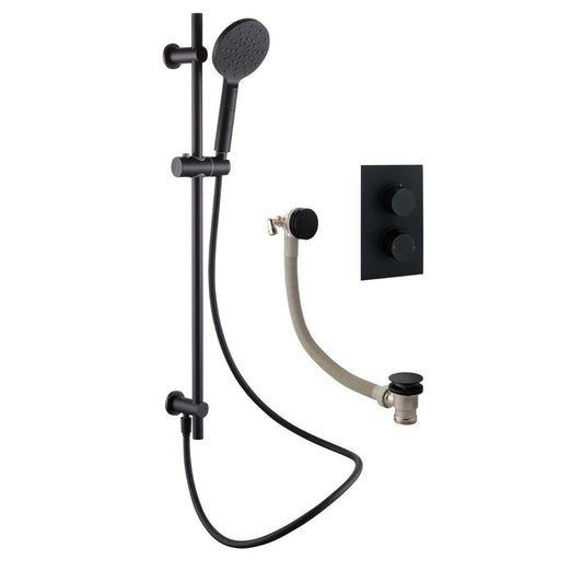 Zena Matt Black Round Double Outlet Valve with Slide Rail Kit and Bath Filler
