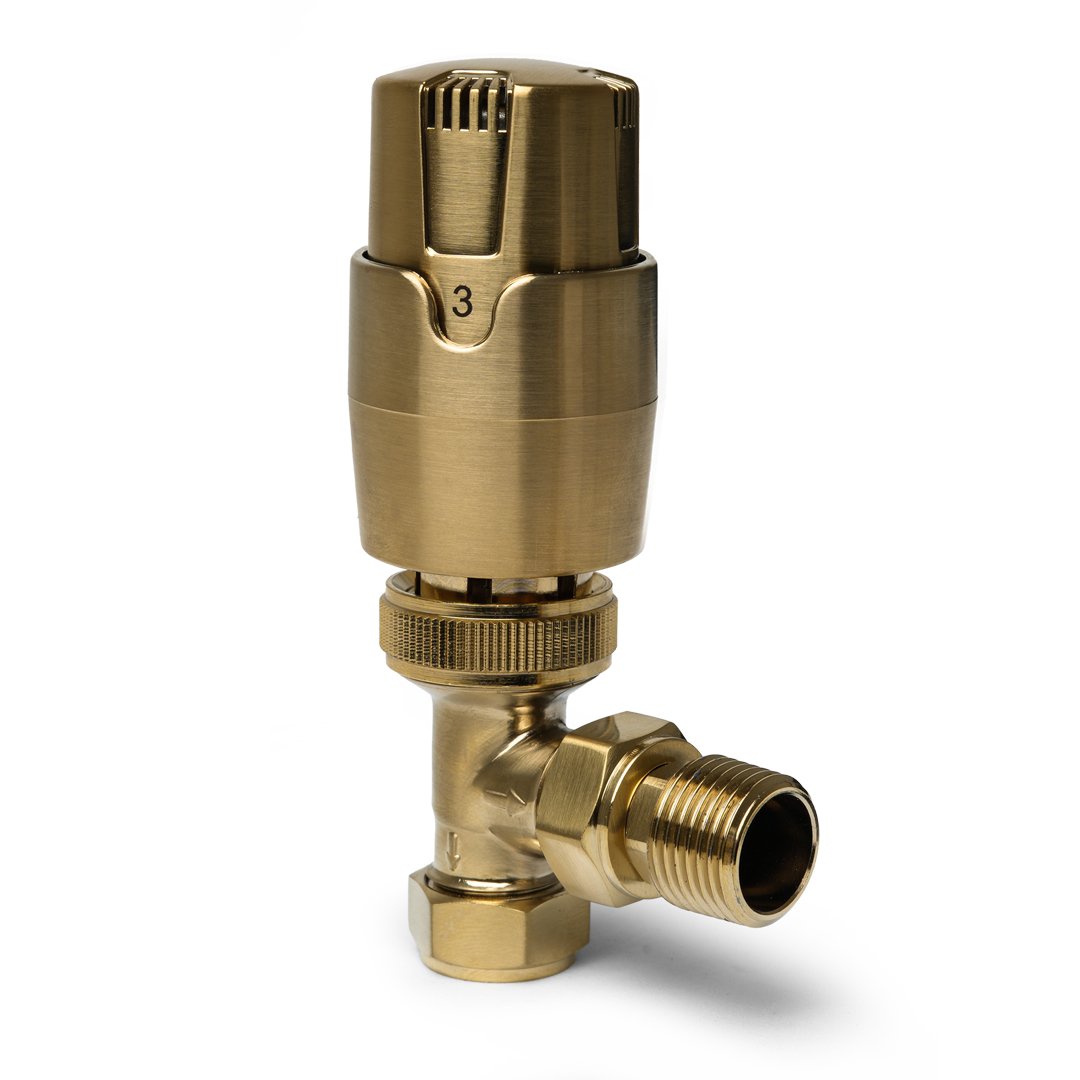 Thermostatic Brushed Gold Angled Pair of Radiator Valves