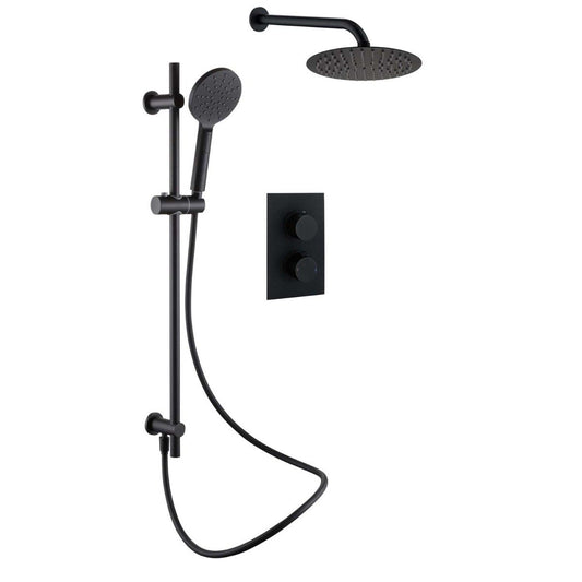 Zena Matt Black Round Double Outlet Valve with Slide Rail Kit, Shower Head and Arm