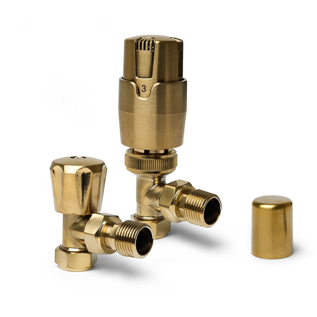 Thermostatic Brushed Gold Angled Pair of Radiator Valves
