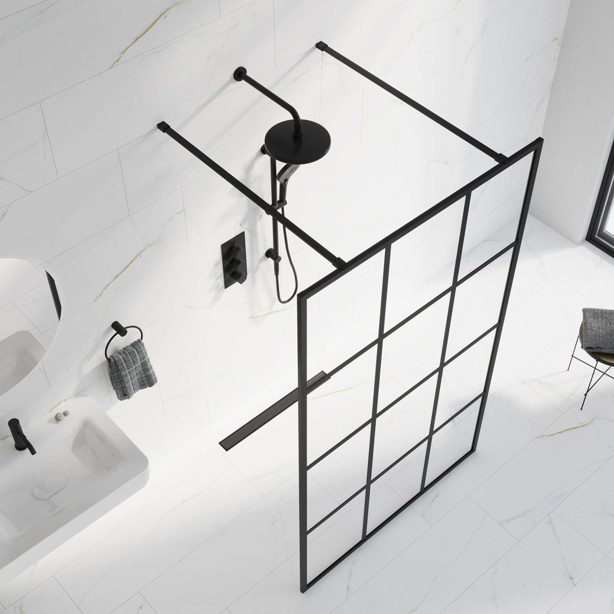 Amien Matt Black Grid Framed Shower Screen 1080mm