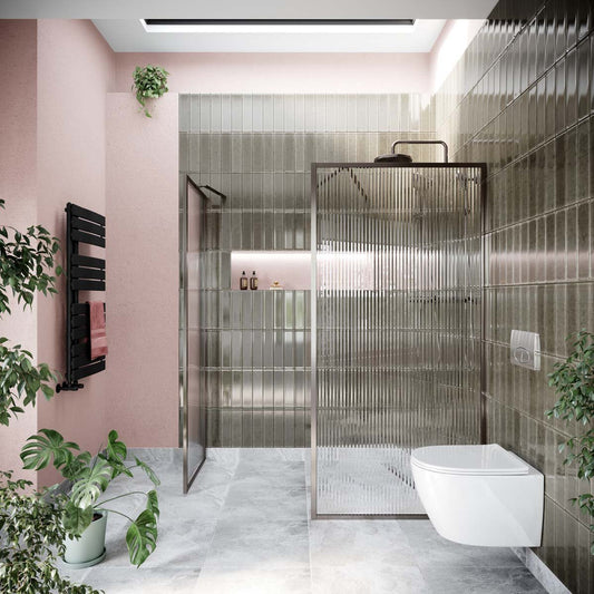Amien Gunmetal Frames Fluted Glass Shower Screen 880mm