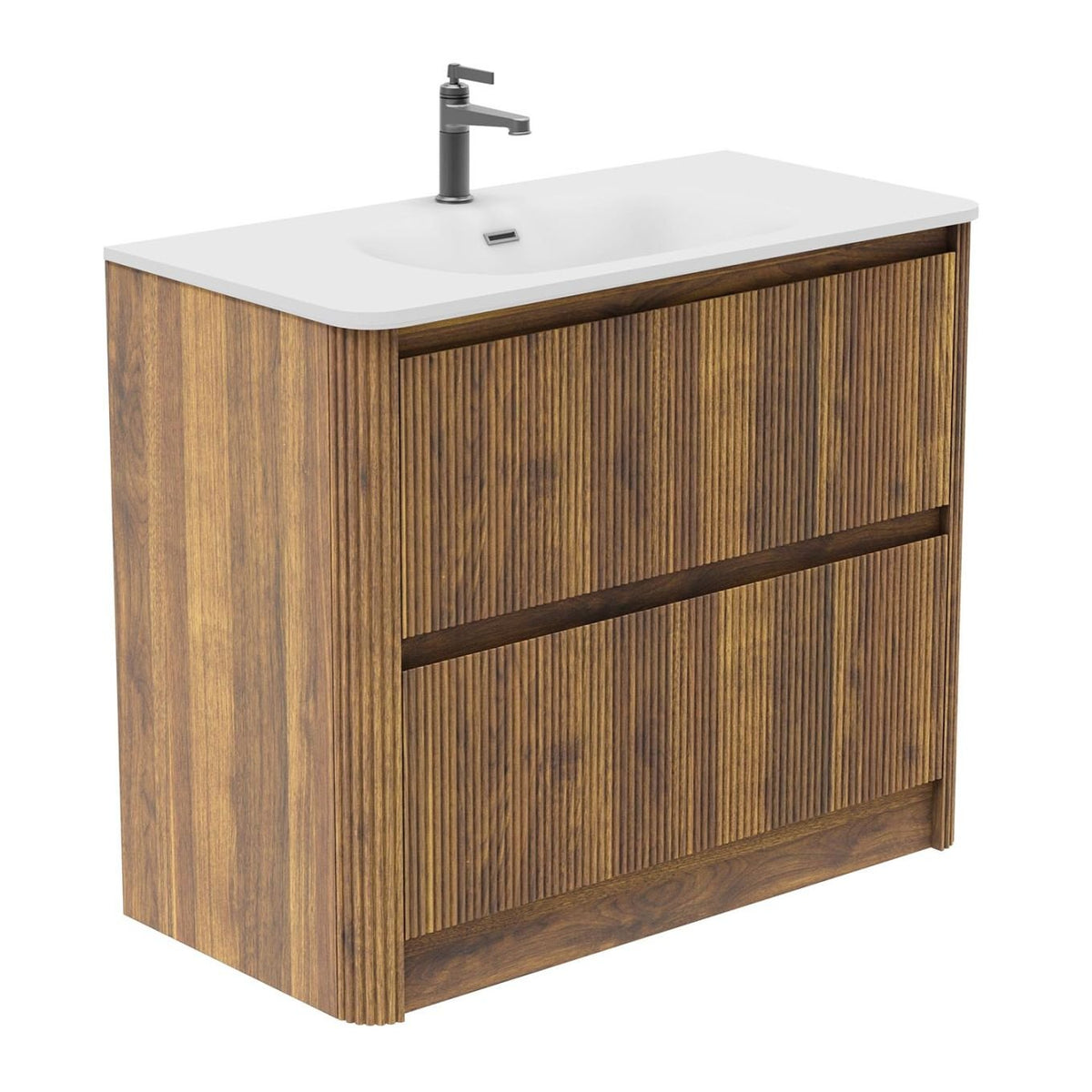 Wish Ribbed Floor Standing Vanity Unit With Drawers in Walnut with Whi ...