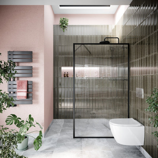 Amien Matt Black Framed Fluted Glass Shower Screen 1080mm